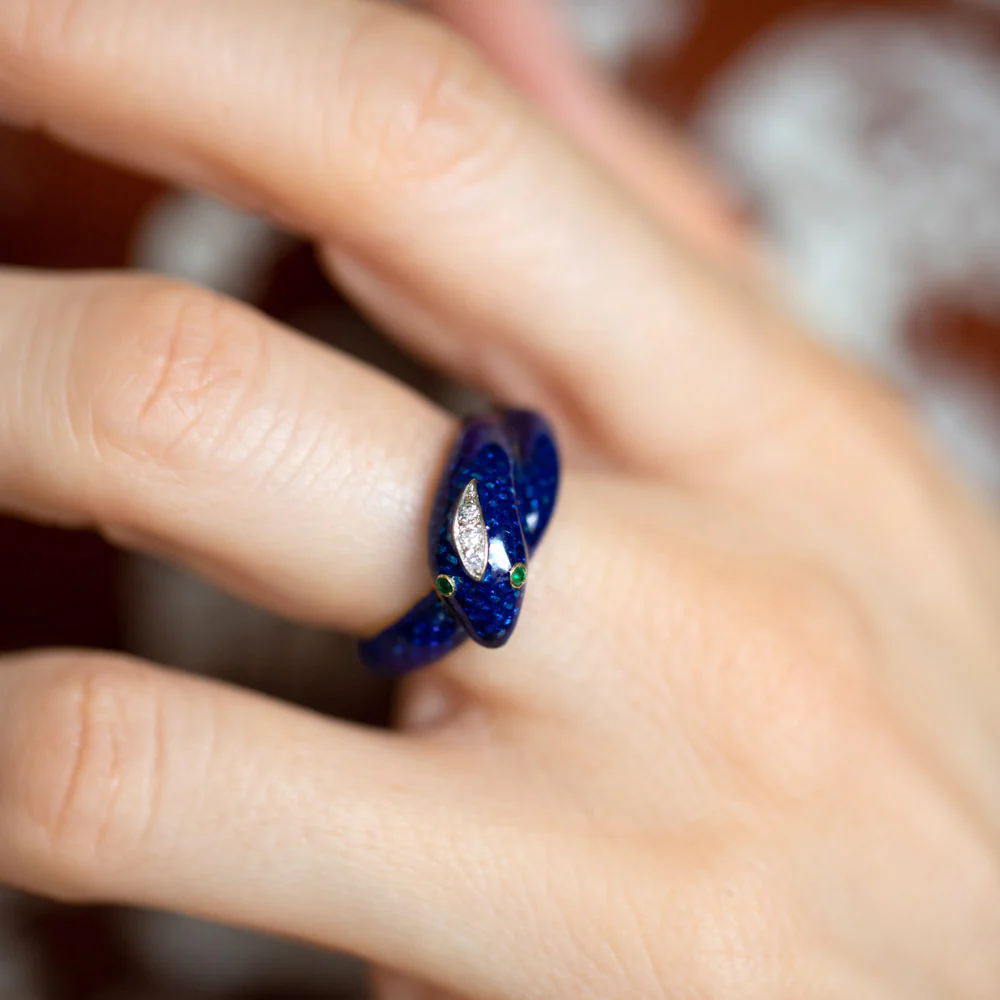 Vintage Cartier Diamond & Emerald Enamel Snake Ring - Image 5